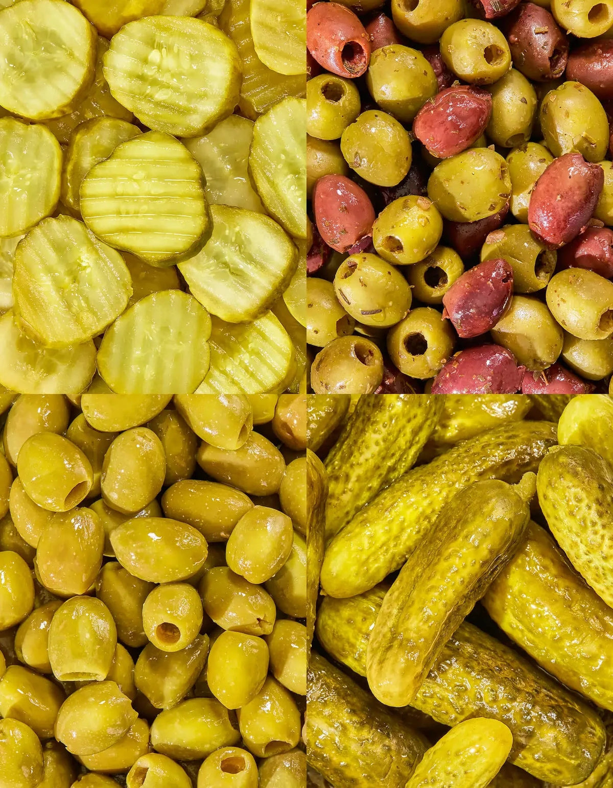 Assorted pickles and olives from FreeStyle Snacks The Party Pack, displayed in clear containers on a white background.