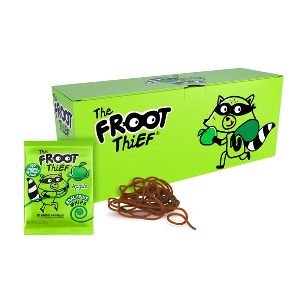 Pack of 24 The Froot Thief Apple Fruit Whips, individually wrapped fruit snack strips in vibrant packaging.