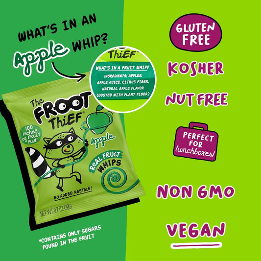 Pack of 24 The Froot Thief Apple Fruit Whips, colorful fruit snack treats in clear packaging, ideal for kids' healthy snacking