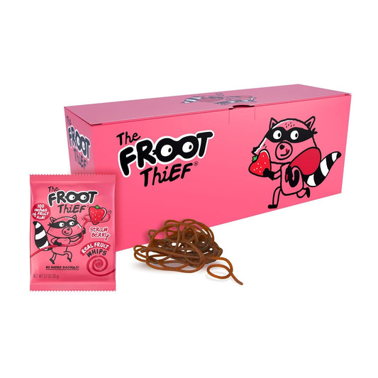 Strawberry Fruit Whips by The Froot Thief in a 24-pack, colorful chewy fruit snacks with strawberry flavor.