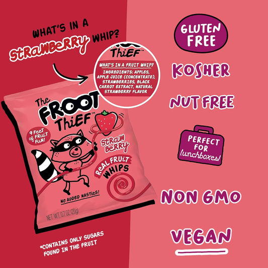 Strawberry Fruit Whips by The Froot Thief, 24-pack, showing colorful twisted strawberry-flavored fruit snacks in clear packaging.