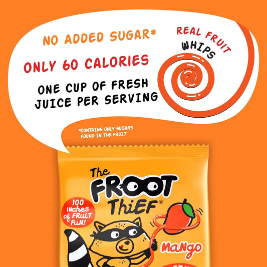 A 24-pack of The Froot Thief Mango Fruit Whips, featuring vibrant mango-flavored fruit snacks in colorful packaging.