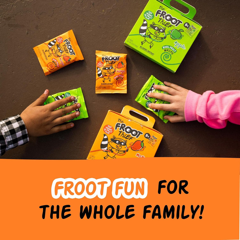 Froot Thief Mango Fruit Whips 24-pack, colorful mango-flavored snack strips in clear packaging, showcasing vibrant fruit imagery.