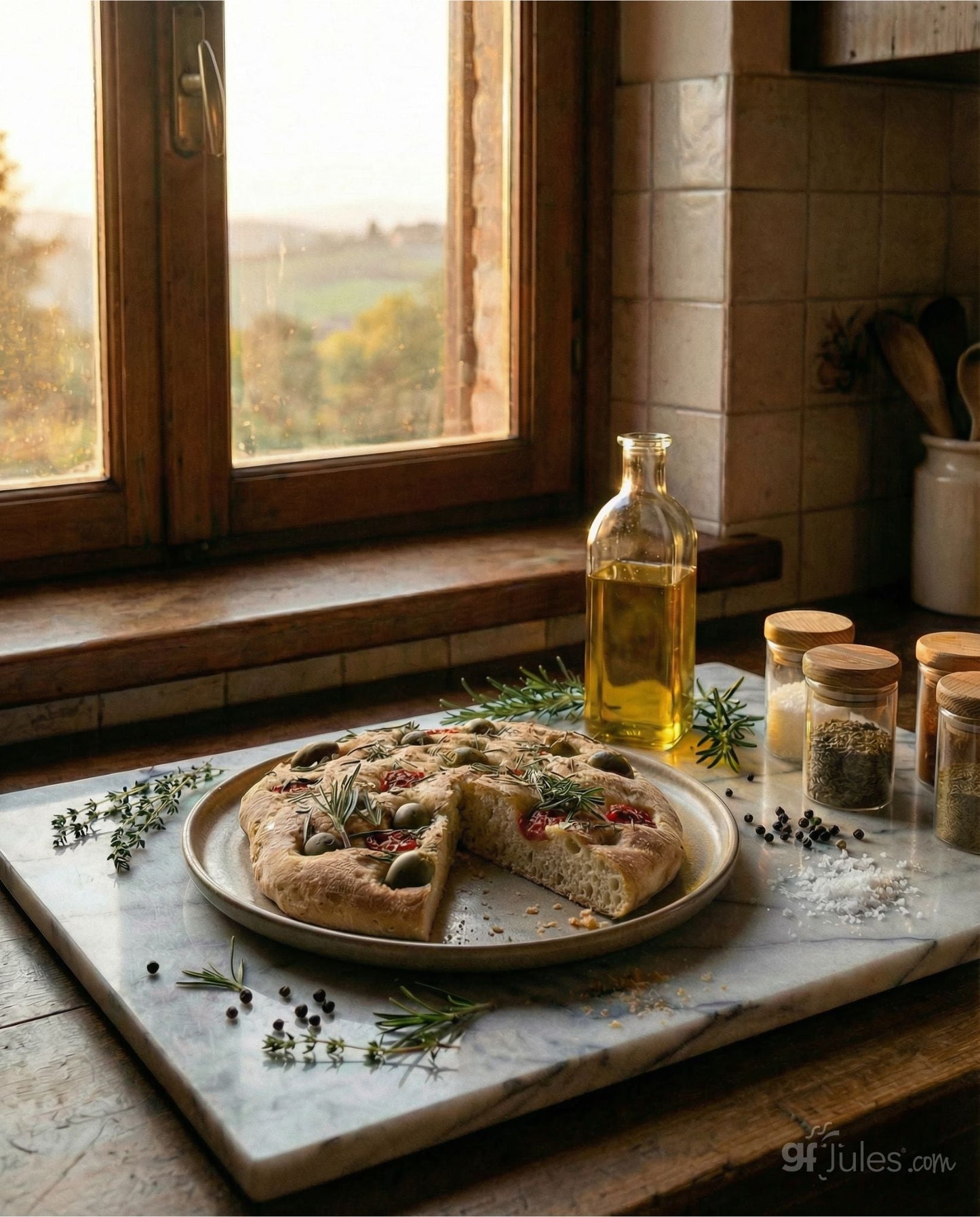 gfJules gluten-free focaccia bread baking in a kitchen, showing a golden, airy focaccia fresh from the oven.