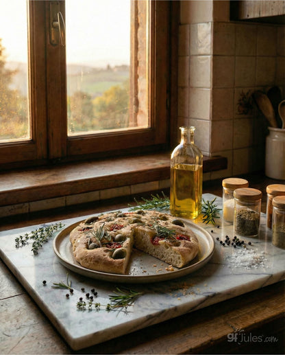 gfJules gluten-free focaccia bread baking in a kitchen, showing a golden, airy focaccia fresh from the oven.