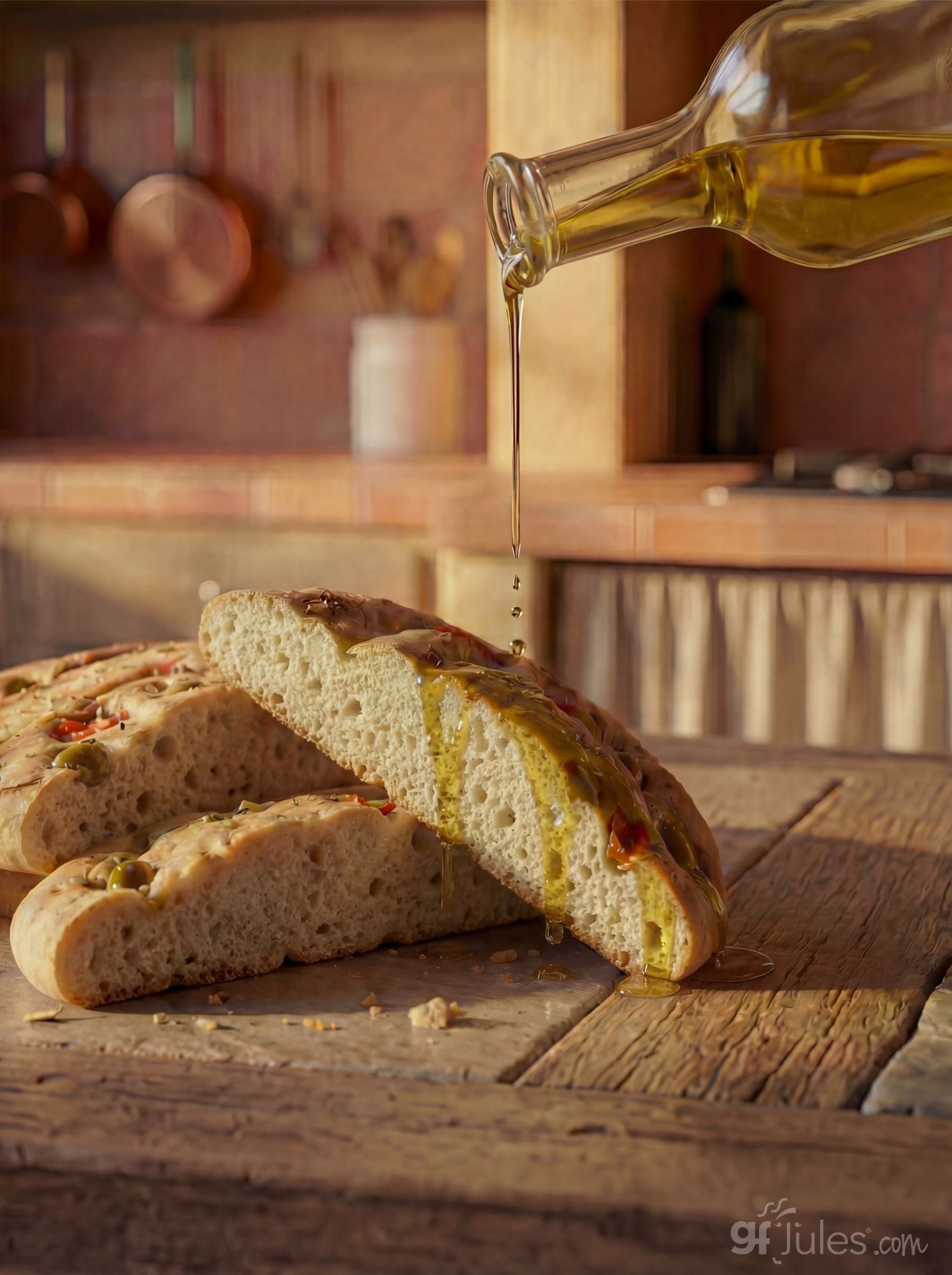 Gluten-free focaccia bread topped with olive oil from gfJules 10-Minute Gluten Free Focaccia Mix.