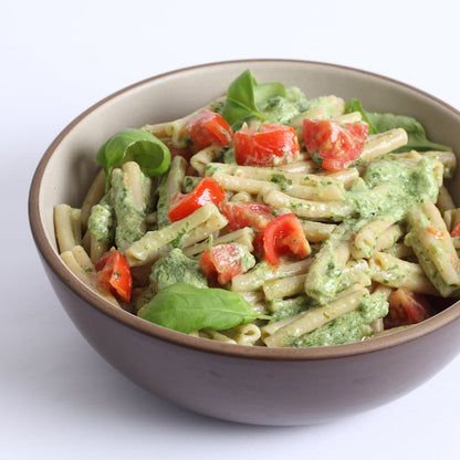 Gluten-free Jovial Brown Rice Caserecce pasta in a bowl, showcasing the short, twisted pasta shape made from brown rice.