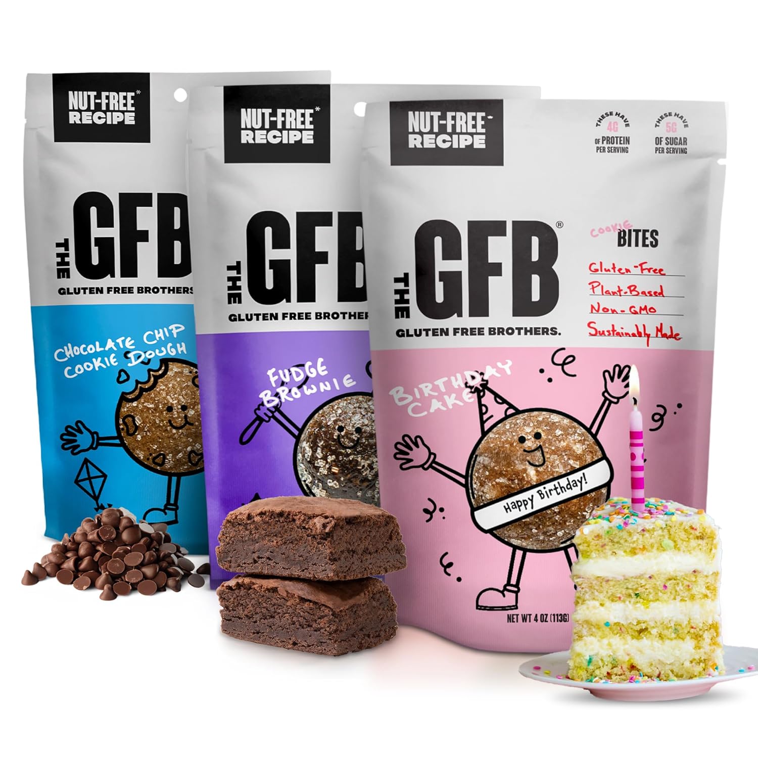 Assorted GFB Cookie Bites Nut-Free Sample Pack with three different flavors on a white background.