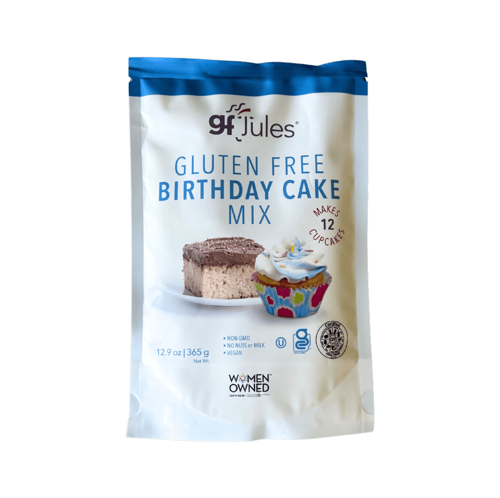 gfJules gluten-free birthday cake mix package with colorful packaging and ingredients, ideal for baking gluten-free celebration cakes.