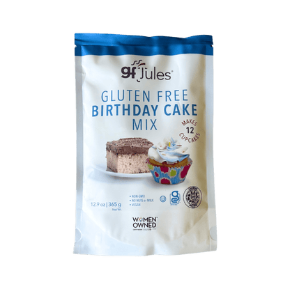 gfJules gluten-free birthday cake mix package with colorful packaging and ingredients, ideal for baking gluten-free celebration cakes.