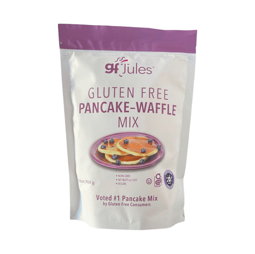 gfJules gluten-free pancake and waffle mix in a bag, with a close-up of the product packaging and ingredients.