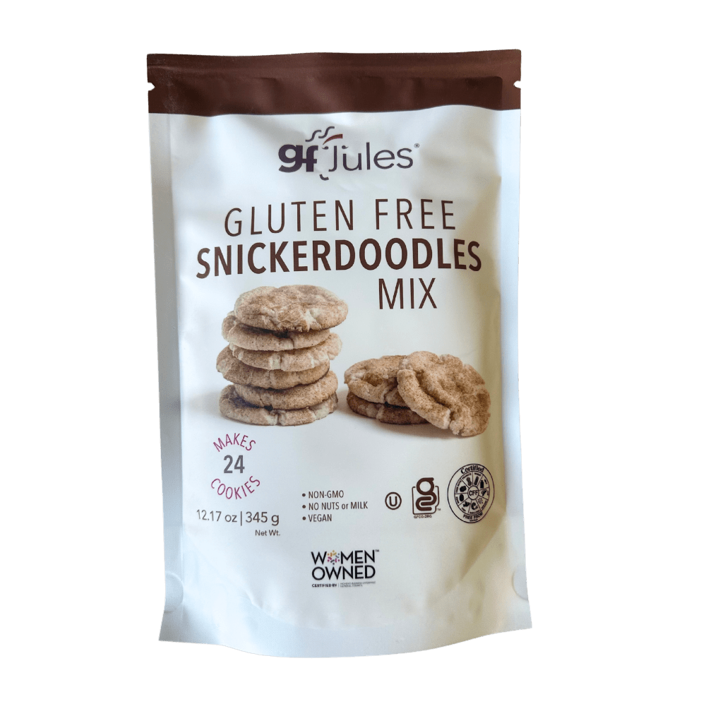 gfJules gluten-free snickerdoodle cookie mix in a resealable bag, showing ingredients and branding on the package.