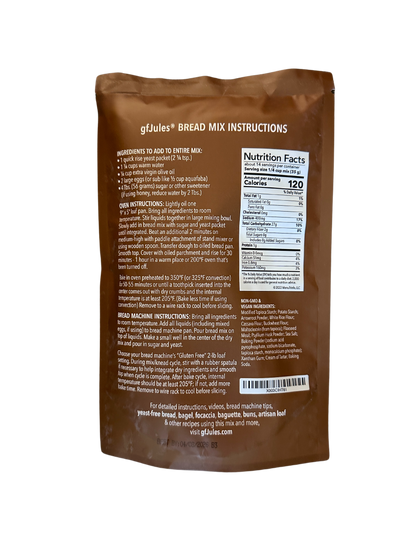 Back view of gfJules Gluten Free Bread Mix package, showing nutritional info and ingredients on the label.