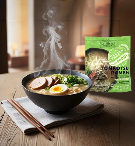 Gluten-Free Meister Instant Ramen Variety Pack with six green bags of gluten-free ramen noodles and flavor packets.