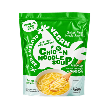 Gluten Free Meister Chick-N Noodle Soup 3-pack with bowls of chicken noodle soup and noodles in clear broth.