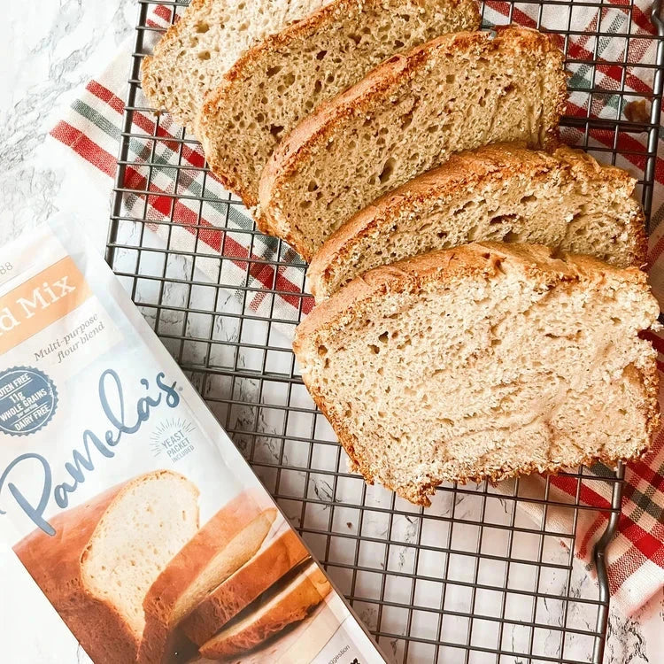 Pamela's Products Dairy-Free Baking Favorites Bundle featuring gluten-free bread mix in a 19oz package with baked bread.