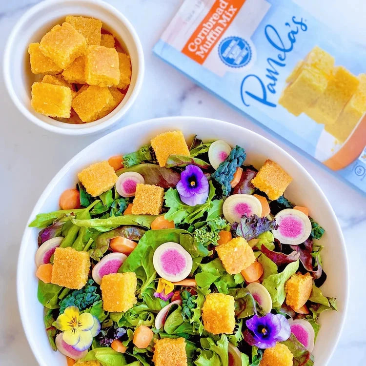Gluten-free cornbread muffin mix croutons from Pamela's Savory Baking Bundle by Pamela's Products.