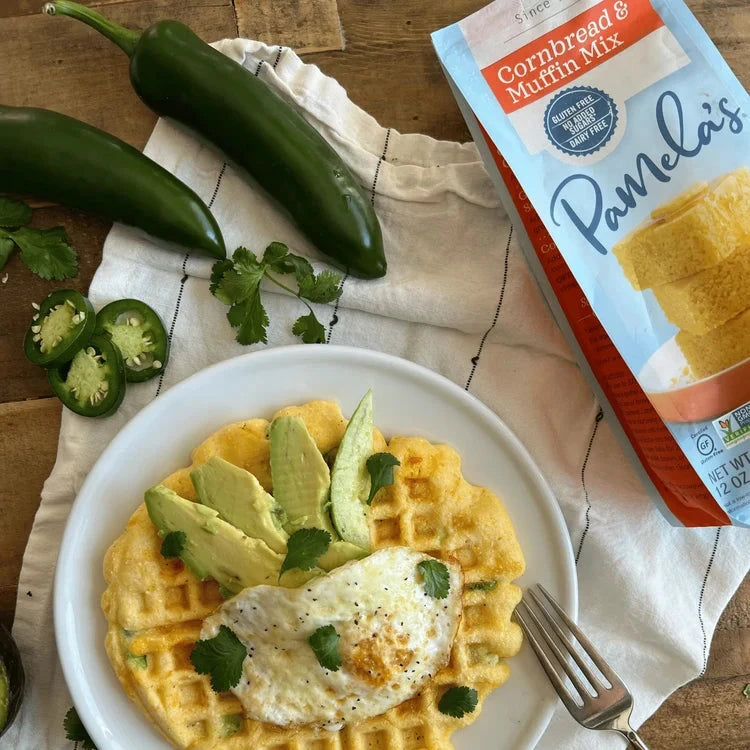 Gluten-free cornbread muffin and waffle mix from Pamela's Products in a colorful baking bundle.