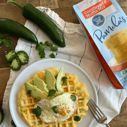 Gluten-free cornbread muffin and waffle mix from Pamela's Products in a colorful baking bundle.