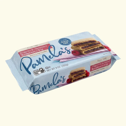 Pamela's Products Figgies & Jammies gluten-free raspberry fruit snack bundle with assorted flavors in colorful packaging.