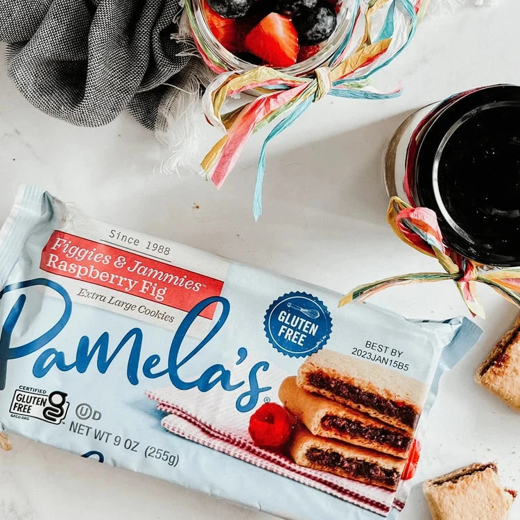 Pamela's Products Figgies & Jammies gluten-free raspberry variety bundle with assorted fig and jam snack packages.