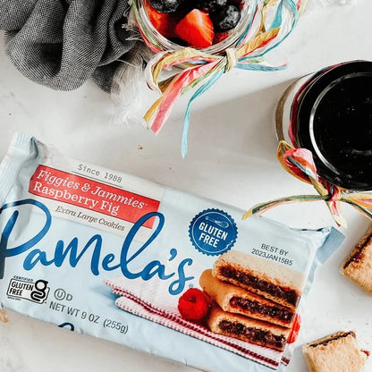 Pamela's Products Figgies & Jammies gluten-free raspberry variety bundle with assorted fig and jam snack packages.