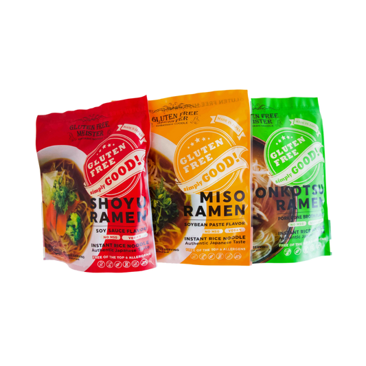 Gluten Free Meister Instant Ramen Variety Pack with six different gluten-free ramen noodle cups on a white background.