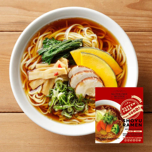 Gluten Free Meister Instant Ramen Variety 6-pack featuring different flavors in colorful packaging on a white background.