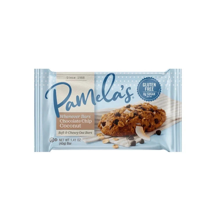 Pamela's Products gluten-free Whenever Bars variety bundle with chocolate chip and coconut snack bars arranged together.