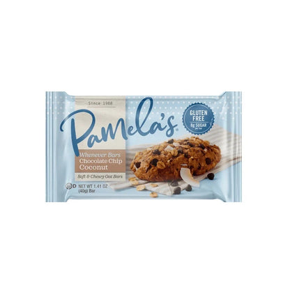 Pamela's Products gluten-free Whenever Bars variety bundle with chocolate chip and coconut snack bars arranged together.