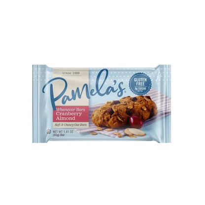 Gluten-free Pamela's Whenever Bars Variety Bundle with cranberry and almond snack bars, featuring colorful packaging.