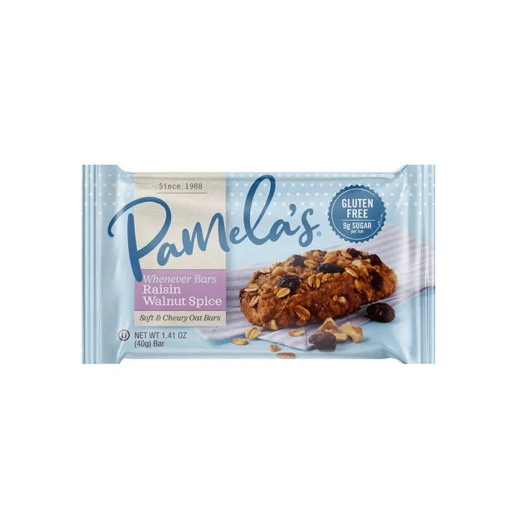 Gluten-free Pamela's Whenever Bars Variety Bundle with raisin, walnut, and spice snack bars arranged on a wooden surface.