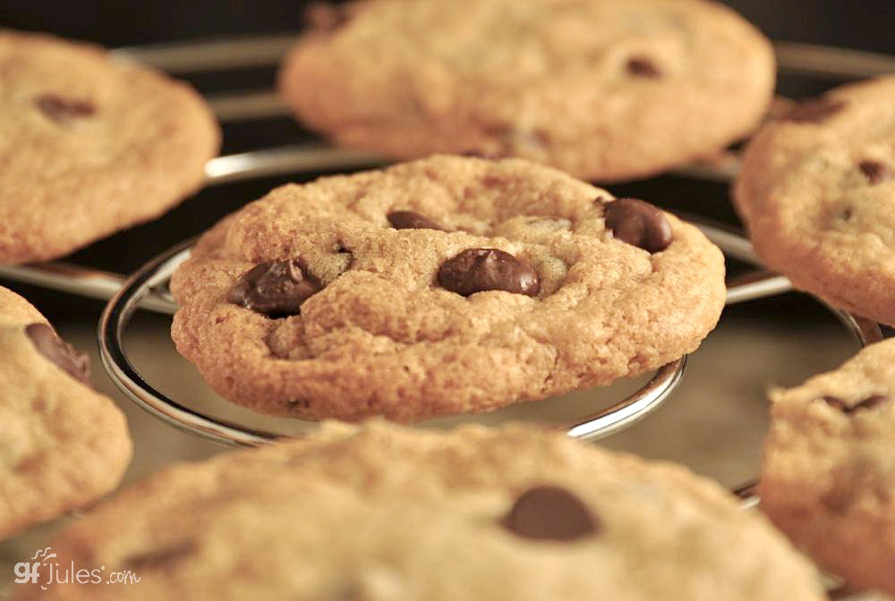 Gluten-free chocolate chip cookies made with gfJules gluten free cookie mix, fresh baked and golden brown with chocolate chips.