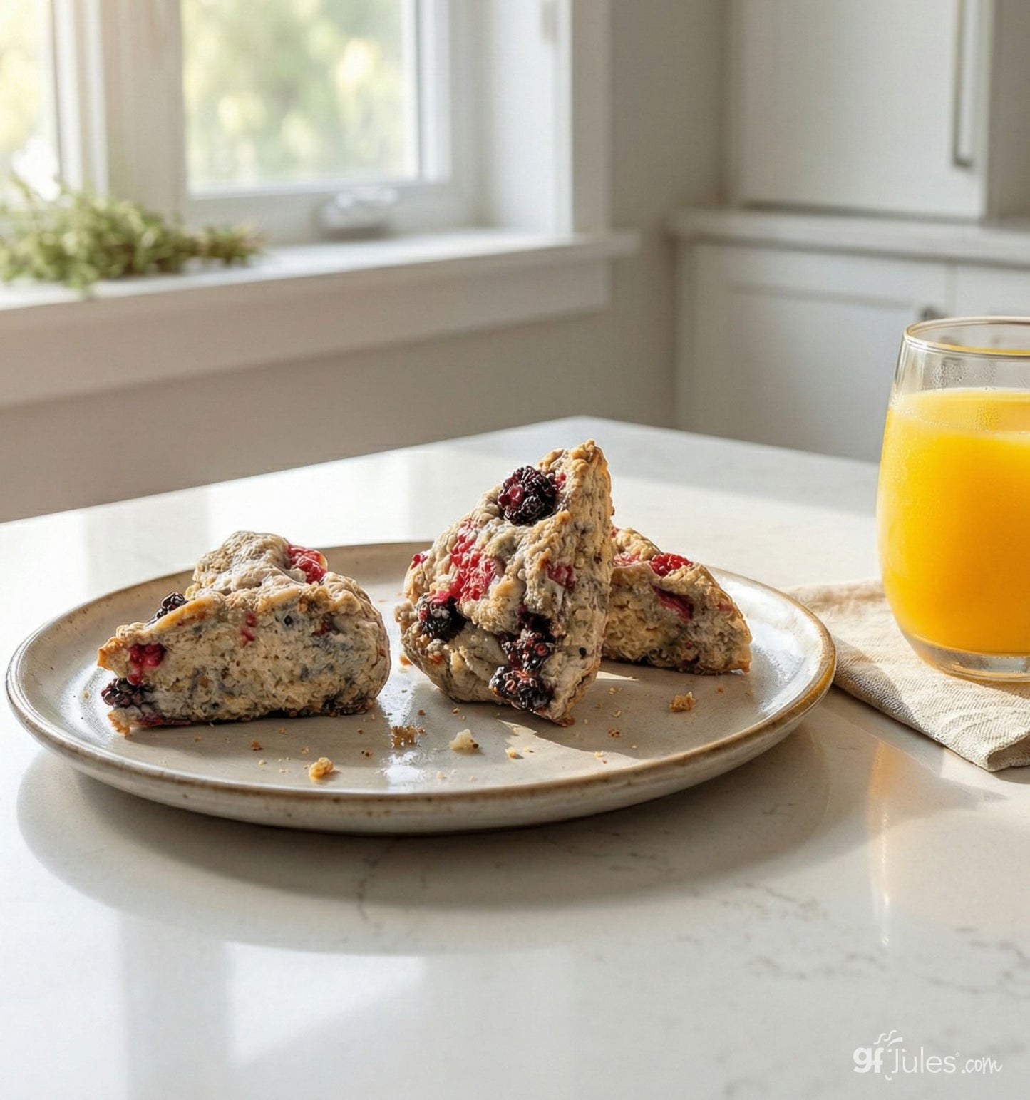 gfJules gluten-free British scones mix in a kitchen, showing freshly baked scones on a plate.