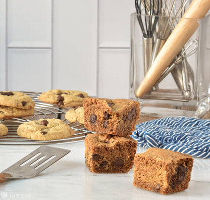 Gluten-free chocolate chip cookie bars made with gfJules gluten free cookie mix, showing golden-brown baked cookies with chocolate chips.