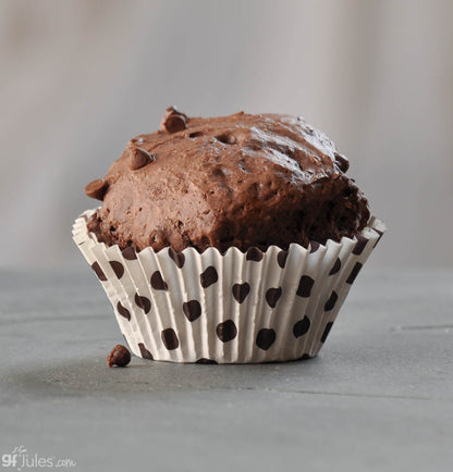 Gluten-free chocolate chip muffin made with gfJules gluten-free muffin mix, showing a freshly baked muffin with chocolate chips.