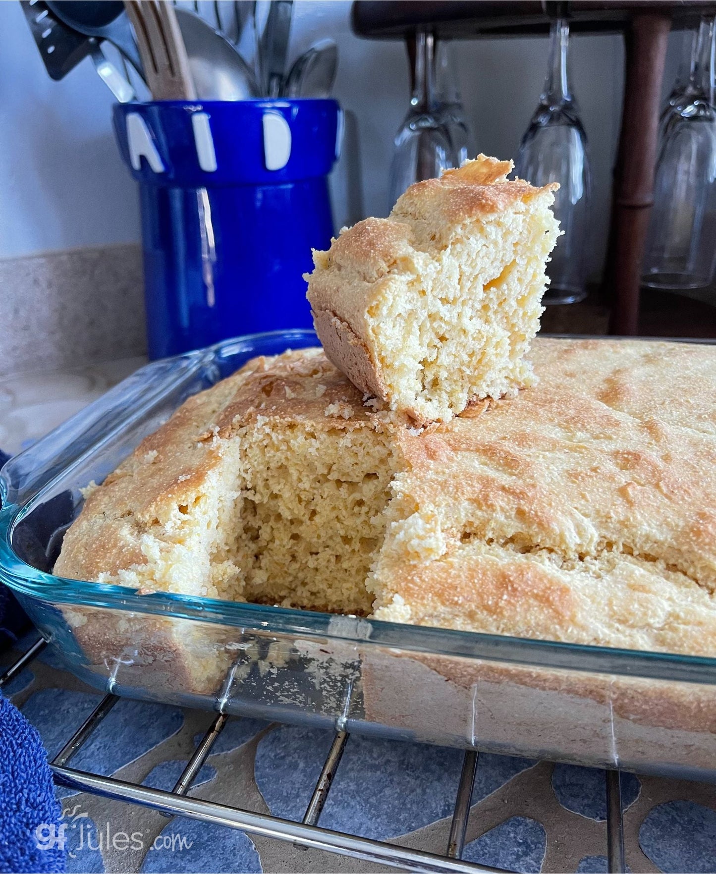 Golden gluten-free cornbread baked in a 9x13-inch dish, made with gfJules Cornbread Mix, showing a freshly baked, crusty top.