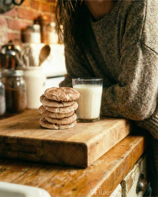 gfJules gluten-free snickerdoodle cookie mix in a bag with cinnamon sugar coating and baking instructions visible.