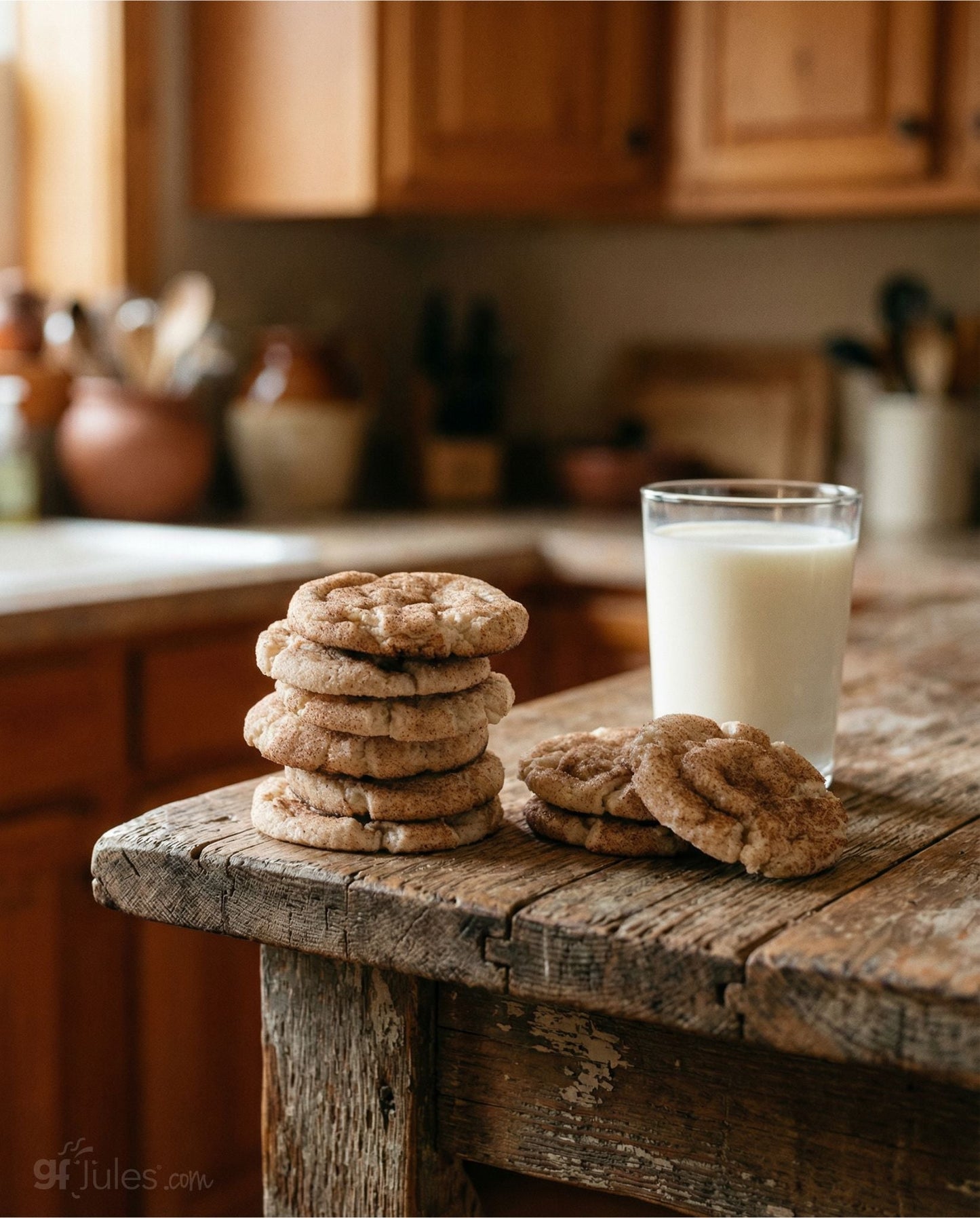 gfJules gluten-free snickerdoodle cookie dough mix in a mixing bowl with baking ingredients on a kitchen counter.