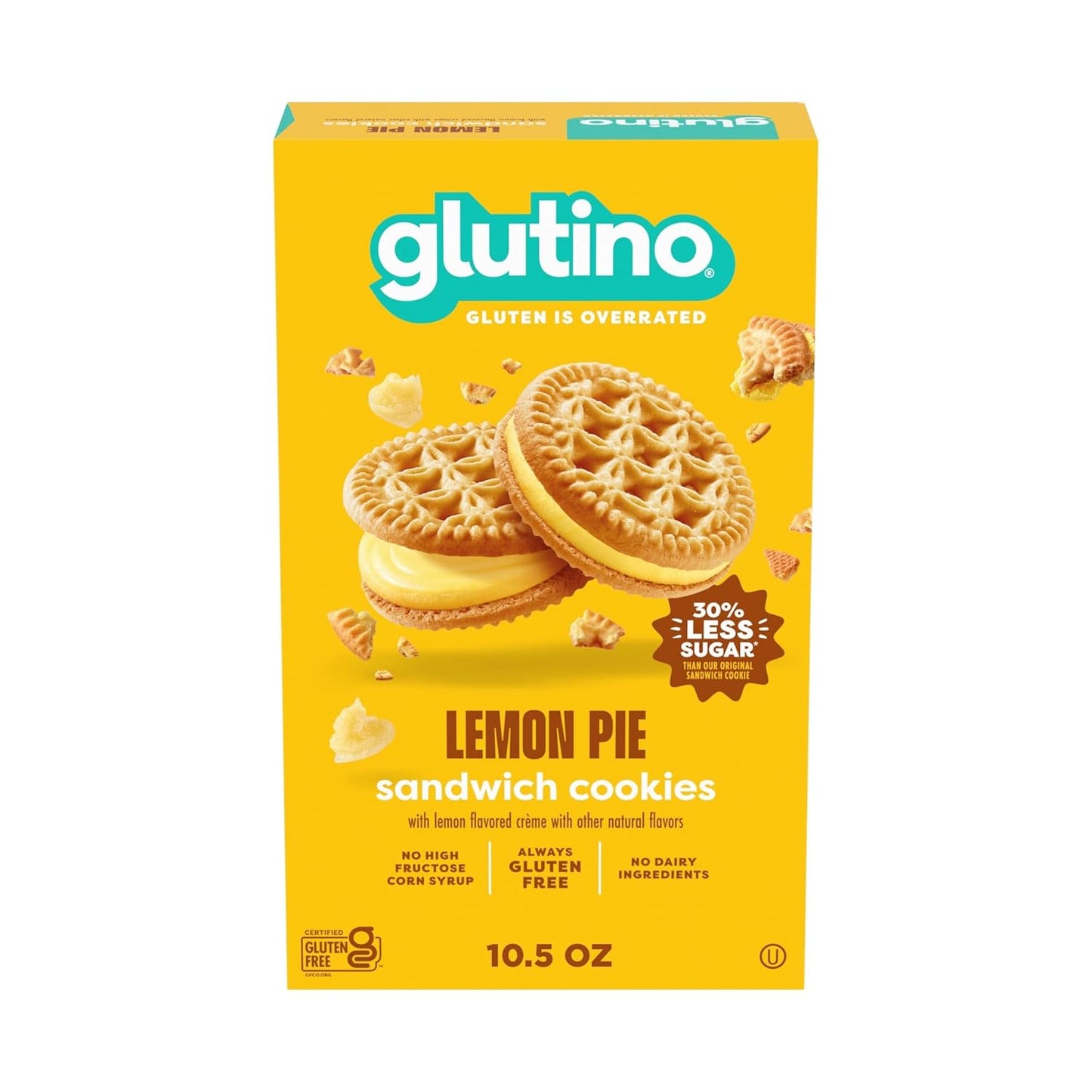 Glutino Lemon Pie Cookies with lemon filling and golden crumb topping, gluten-free snack on a white plate