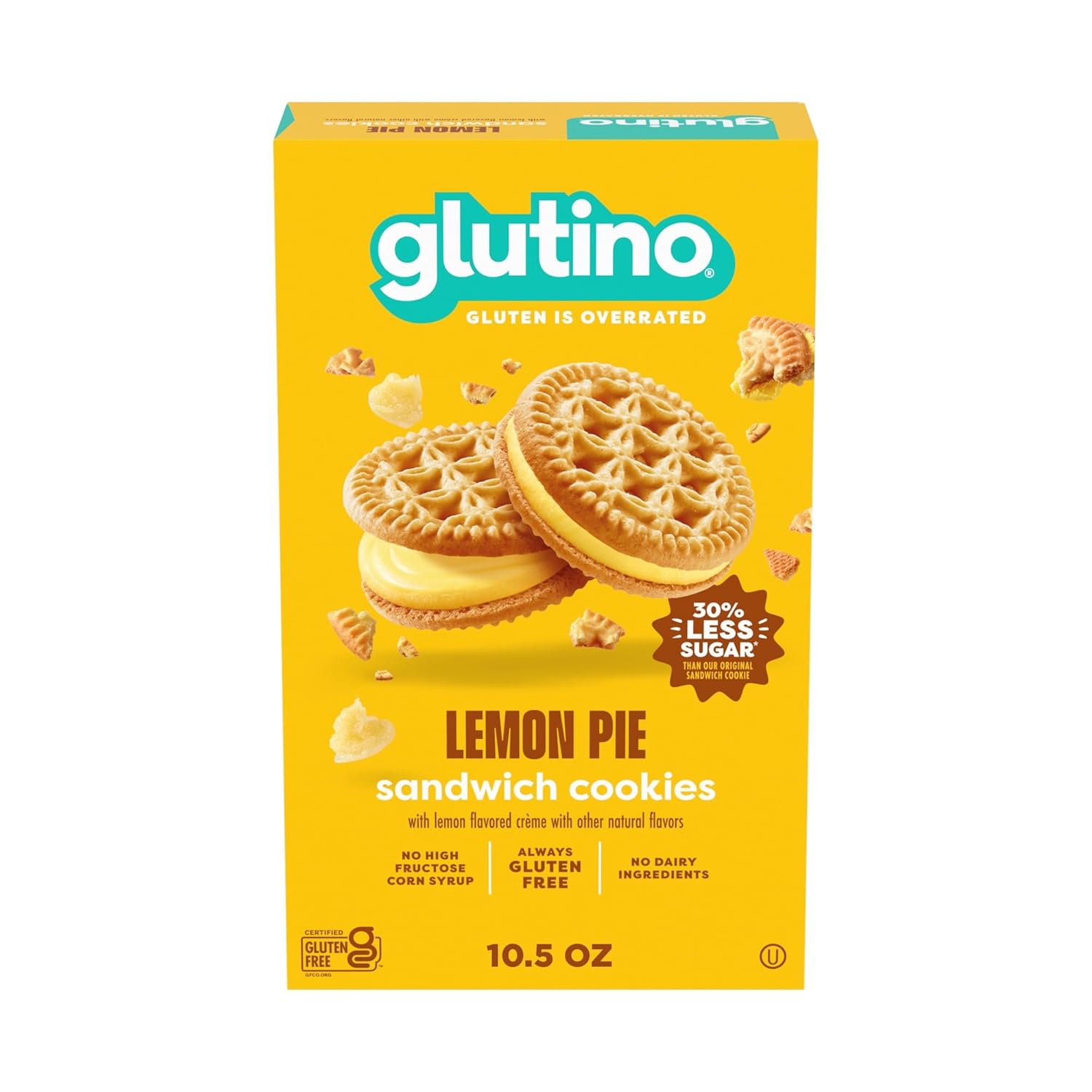 Glutino Lemon Pie Cookies with lemon filling and golden crumb topping, gluten-free snack on a white plate