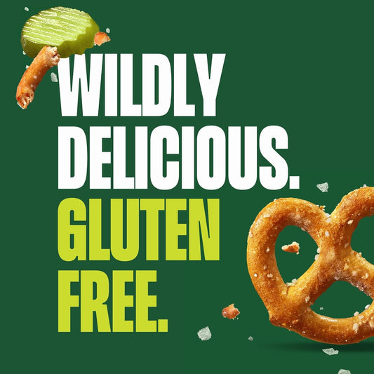 Glutino Dill Pickle Pretzels in a bowl, showing crispy pretzels with a dill pickle flavor and branding on the package.
