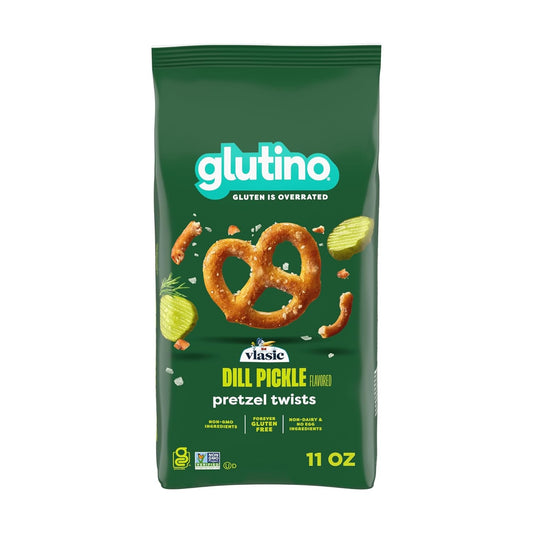 Bag of Glutino Dill Pickle Pretzels showing the packaging with colorful label and pretzel snacks inside.