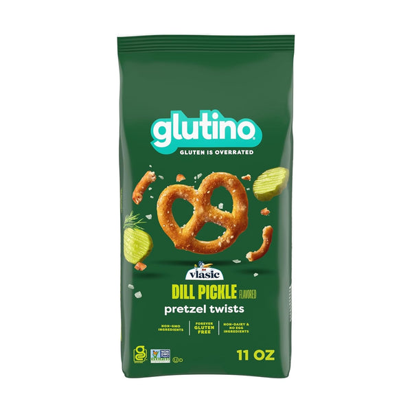 Bag of Glutino Dill Pickle Pretzels showing the packaging with colorful label and pretzel snacks inside.