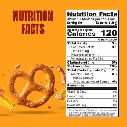 Glutino Honey Mustard Pretzels in a bowl, showing golden pretzels coated with honey mustard seasoning on a white background.