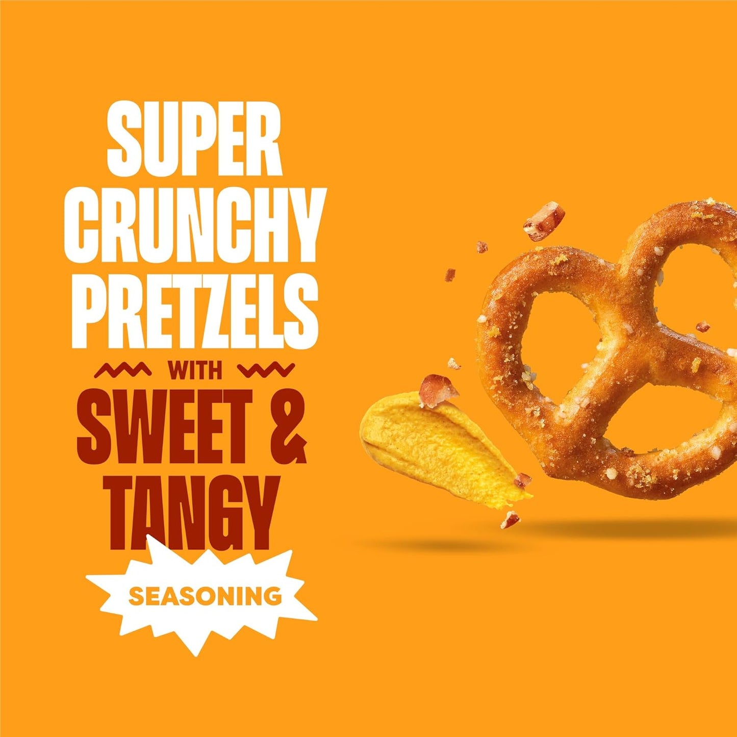 Glutino Honey Mustard Pretzels in a bowl, showing golden pretzels coated with honey mustard flavor and brand packaging in the background.