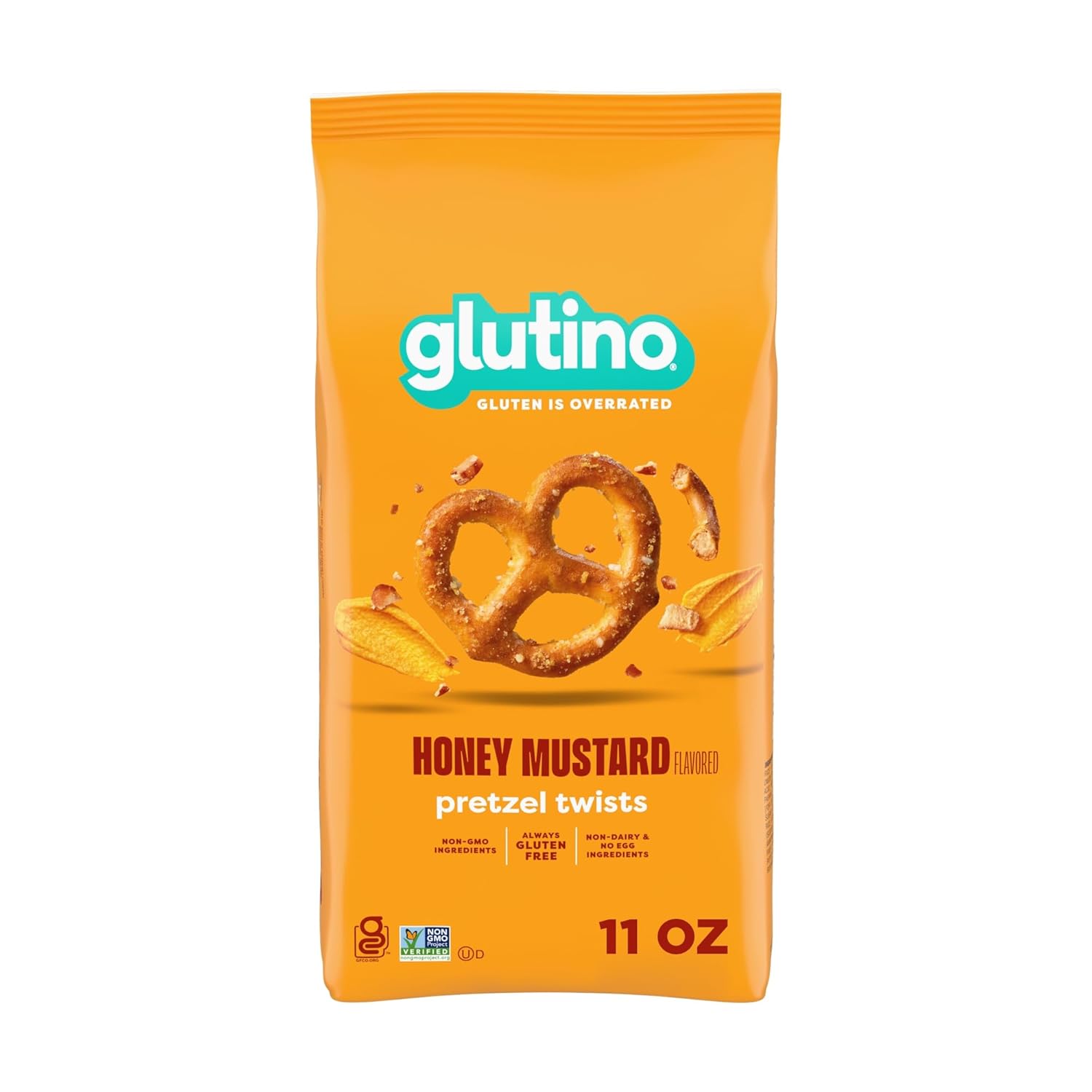 Bag of Glutino Honey Mustard Pretzels featuring golden pretzels coated with honey mustard seasoning.