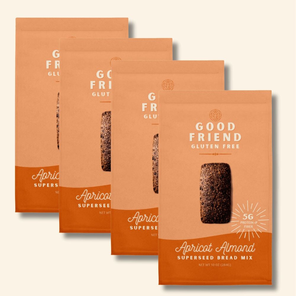 Good Friend Apricot Almond Bread Mix 4-pack with apricot and almond ingredients on a package display
