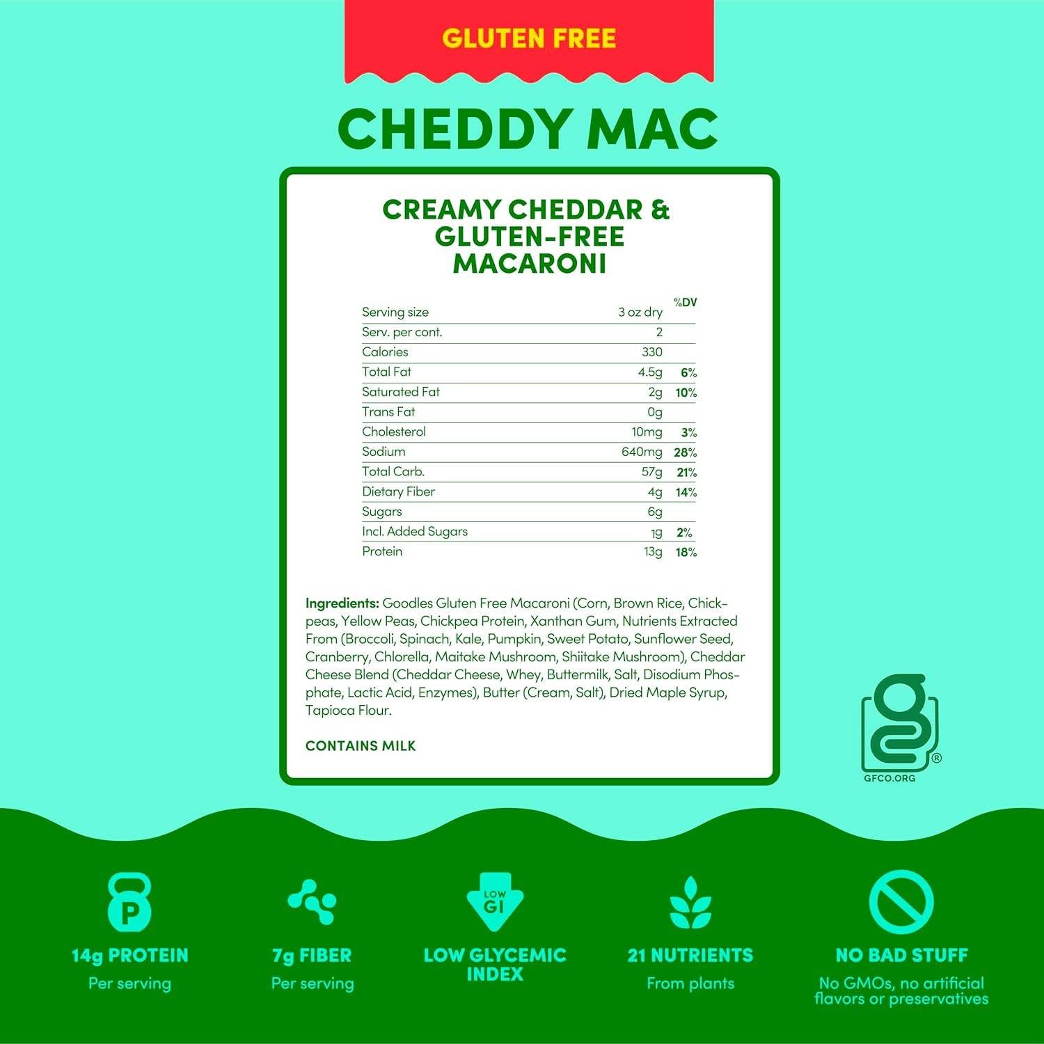 Bowl of GOODLES Cheddy Mac cheesy pasta with vibrant yellow cheese sauce and crispy topping, served on a white plate.