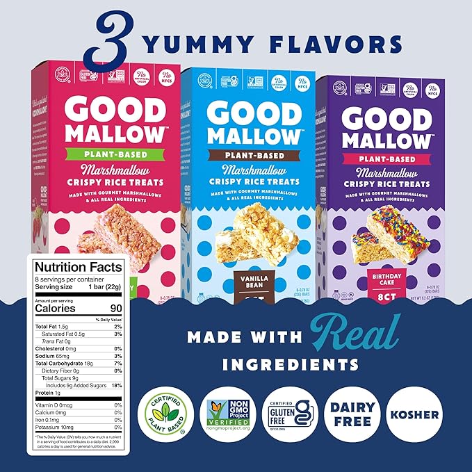 Assorted Good Mallow vegan rice crispy treats in three flavors, arranged on a plate with colorful background.